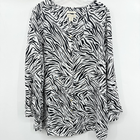 Cynthia Rowley 100% Linen Zebra Print Button Up Tunic Sz 1X Black White Beachy - Picture 1 of 9